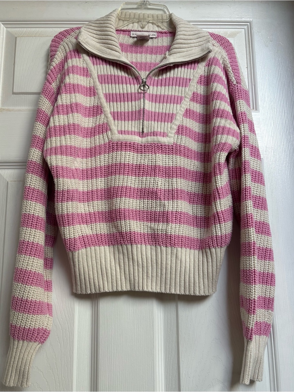 Sincerely Jules Pink and Cream Striped Half-Zip Sweater